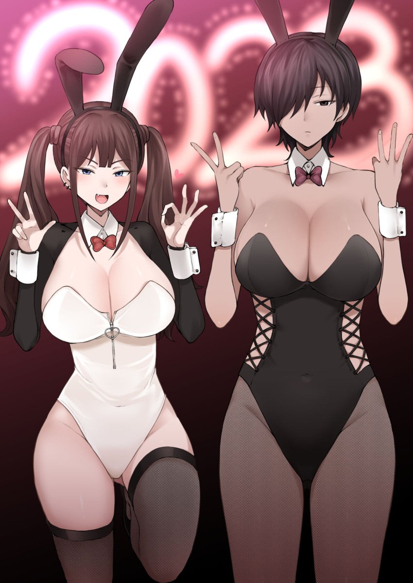 2023 2girls big_breasts blue_eyes bowtie bowtie_collar bunny_club bunny_ears bunnysuit buttfang cute_fang dark-skinned_female detached_collar excited expressionless fangs female fishnets hair_over_one_eye hourglass_figure leotard light-skinned_female madoka_(terasu_mc) ok_sign original original_character pantyhose peace_sign short_hair slim_waist terasu_mc thick_thighs thigh_gap thighhighs tomboy tsubame_(terasu_mc) twintails wide_hips wrist_cuffs