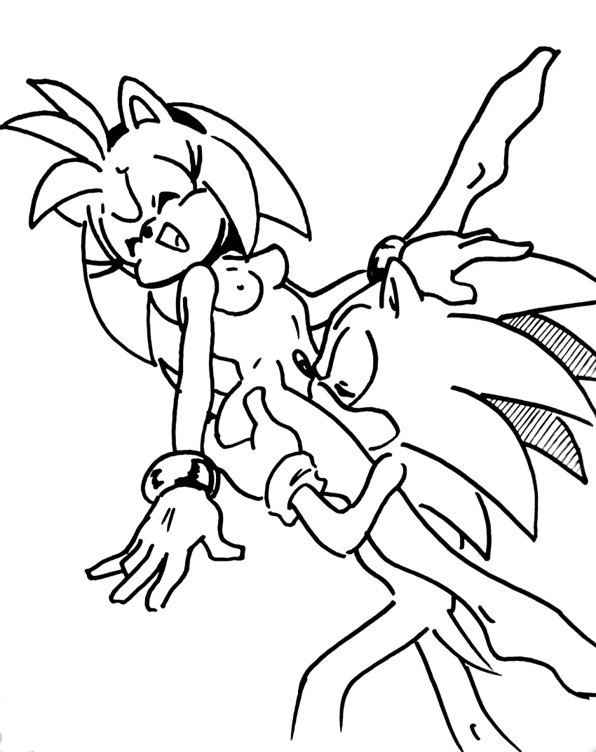 amy_rose anthro cunnilingus duo hand_on_another's_head monochrome one_leg_up randomguy999 sonic_(series) sonic_the_hedgehog standing straight