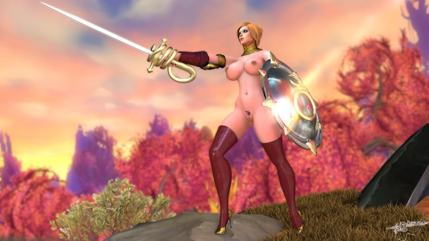 1girls 3d 3d_(artwork) alyssa_holywings bellakvo big_breasts blizzard_entertainment blonde_hair chaos_(warhammer) corruption crossover female female_only high_heels highres human human_(world_of_warcraft) makeup naked_female paladin_(warcraft) pubic_tattoo pussy red_lingerie red_thighhighs rule_63 shield sigvald_the_magnificent slaanesh slaanesh_mark solo solo_female sword tattoo thick_thighs warhammer_(franchise) warhammer_fantasy white_skin world_of_warcraft