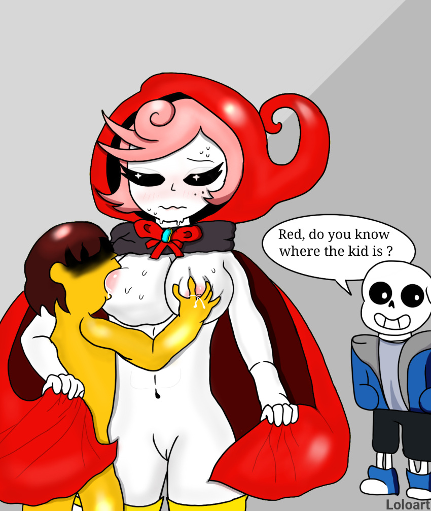 2d boy breasts breasts_out_of_clothes color dialogue english english_dialogue english_text female frisk girl grabbing grabbing_nipples hidden_sex lactation loloart male milking moan nipples pink_hair red_(undertale_red) sans skeleton sucking_nipples sweat tagme text uncensored undertale undertale_(series) undertale_au white_skin yellow_skin