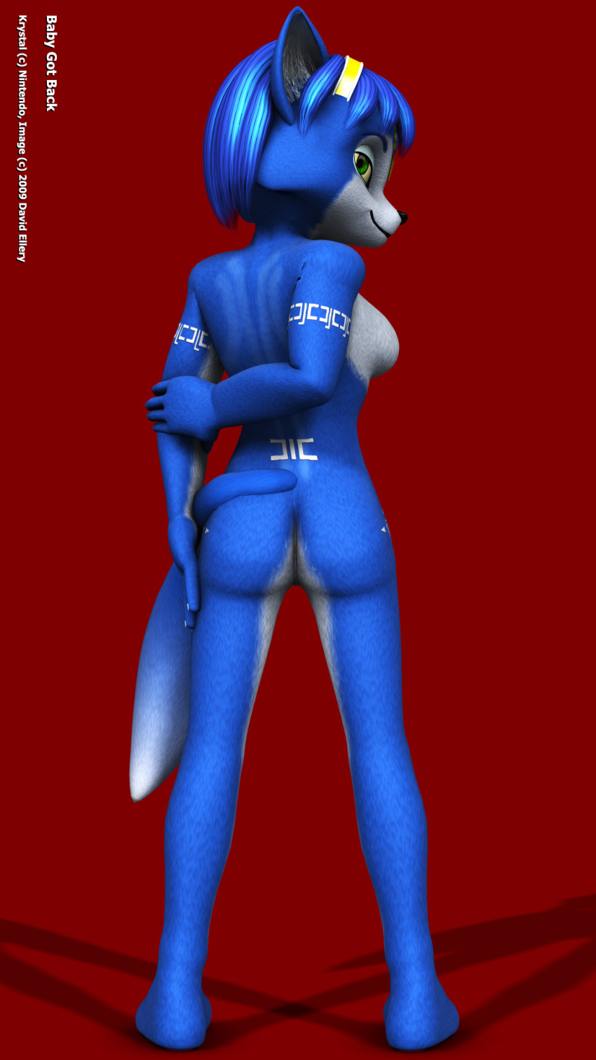 anthro arm_behind_back ass back_nose back_view blue_fur blue_hair breasts closed_mouth color female female_only fox fur furry furry_ass furry_breasts furry_ears furry_tail green_eyes hair krystal looking_back nude open_eyes pointy_ears short_hair solo star_fox tail white_fur