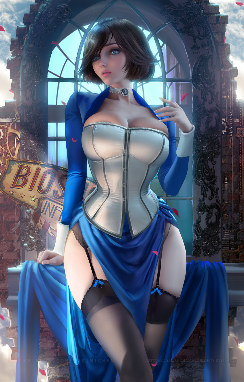 1girls absurd_res absurdres arm_support big_breasts bioshock bioshock_infinite black_stockings blue_clothes blue_clothing blue_eyes blue_jacket blue_skirt bolero breasts brown_hair busty choker cleavage clothed clothed_female clothing corset cute_face elizabeth_comstock female female_focus female_only fully_clothed garter_straps high_resolution hips jacket large_breasts light-skinned_female light_skin parted_lips pink_lips pink_lipstick sakimichan short_hair skirt slim_girl slim_waist solo solo_female solo_focus stockings thick_thighs very_high_resolution white_choker white_corset window