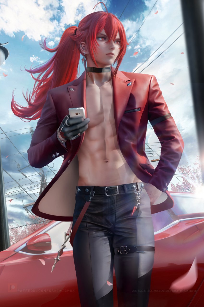 1boy abs absurd_res absurdres automobile bangs bishonen black_choker black_gloves black_pants blazer car choker clothed clothed_male clothing clouds diluc_(genshin_impact) fit fit_male flowing_hair genshin_impact gloves high_resolution holding_phone holding_smartphone long_hair male male_focus male_only muscular muscular_male no_shirt pants parted_lips phone ponytail red_blazer red_eyes red_hair sakimichan sky smartphone standing toned toned_body toned_male vehicle very_high_resolution