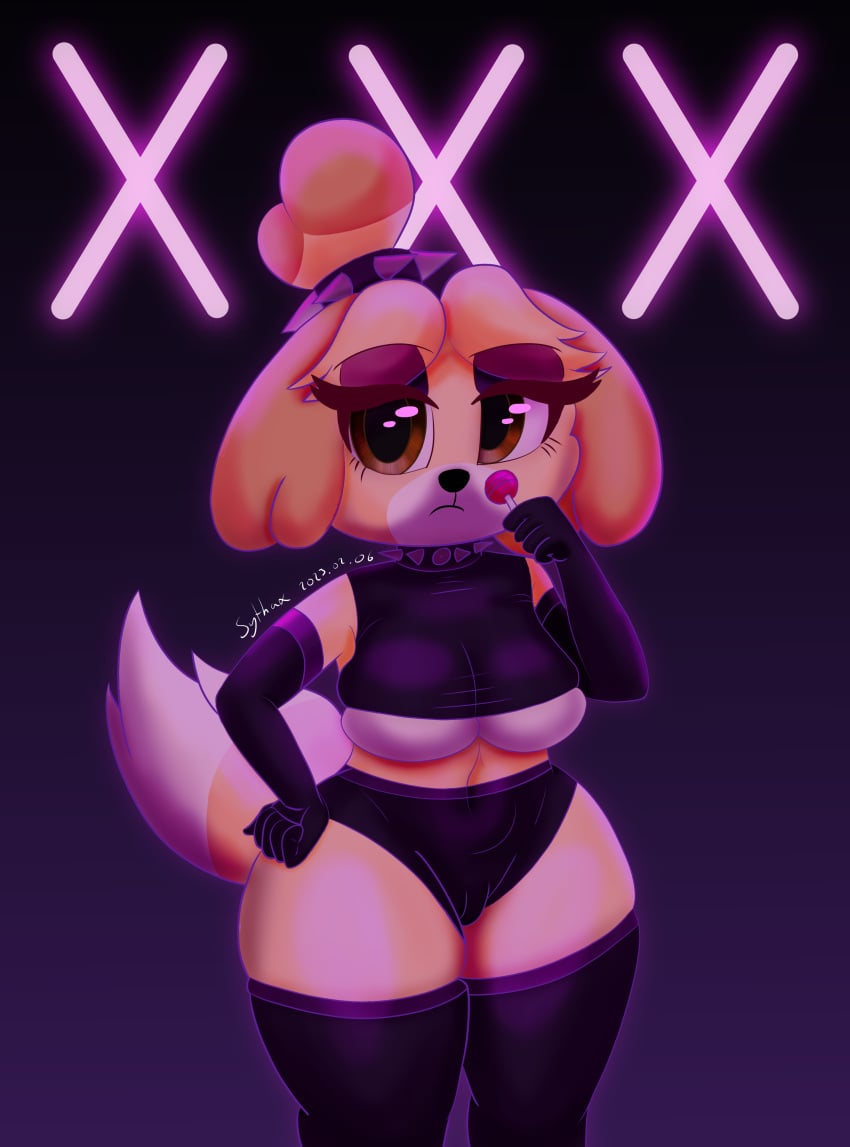 absurd_res animal_crossing anthro apathetic armwear backlighting big_breasts big_eyes black_clothing black_gloves black_handwear black_hotpants black_legwear black_stockings bottomwear breast_squish breasts brown_eyes camel_toe candy canid canine clothing collar colored_line_art crop_top dessert dog_ears dog_tail elbow_gloves eyelashes eyeshadow female fist_on_own_hip food gloves goth gothabelle half-closed_eyes hand_on_hip handwear hi_res highlights_(coloring) hotpants isabelle_(animal_crossing) latex_gloves latex_stockings legwear light lighting lollipop looking_at_viewer makeup mammal narrowed_eyes navel nintendo pink_lighting purple_background purple_lighting shaded shirt short_stack shorts simple_background soft_shading solo spiked_collar spikes squish stockings stretched_clothing sythax tail thick_eyelashes thick_thighs thigh_highs thigh_squish topwear under_boob