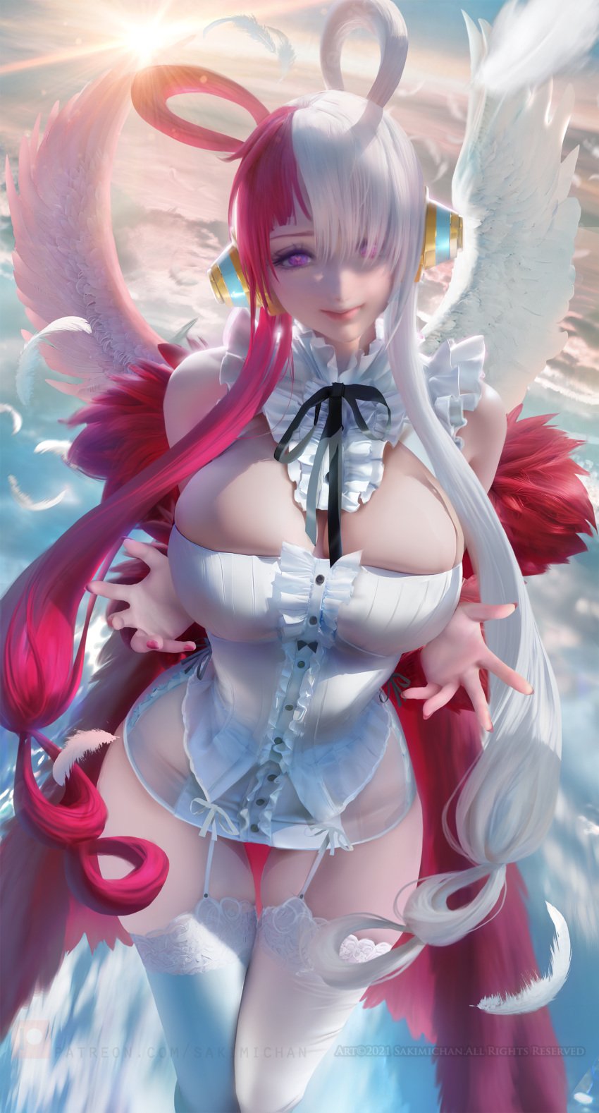 1girls absurd_res absurdres angel_wings bare_arms bare_shoulders big_breasts breasts busty cleavage clothed clothed_female clothing clouds cravat cute_face dress female female_focus female_only hair_over_one_eye hartman_hips heart heart_eyes high_resolution hips large_breasts light-skinned_female light_skin long_hair one_piece pink_eyes red_and_white_hair red_hair sakimichan sky slim_girl slim_waist smile socks solo solo_female solo_focus stockings sun sunlight sunshine thick thick_female thick_hips thigh_socks thighhighs two_tone_hair uta_(one_piece) very_high_resolution white_clothes white_clothing white_dress white_hair white_socks white_stockings wide_hips wings