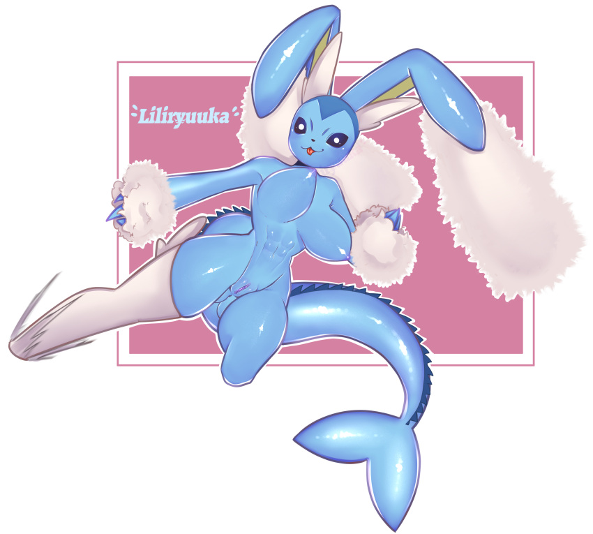 absurd_res anthro areola big_breasts blue_body blush border breasts eeveelution female fur generation_1_pokemon generation_4_pokemon genitals hi_res hybrid liliryuuka looking_at_viewer lopunny nintendo nipples non-euclidean_border pokemon pokemon_(species) pussy solo tongue tongue_out vaporeon vaporunny white_body white_border white_fur