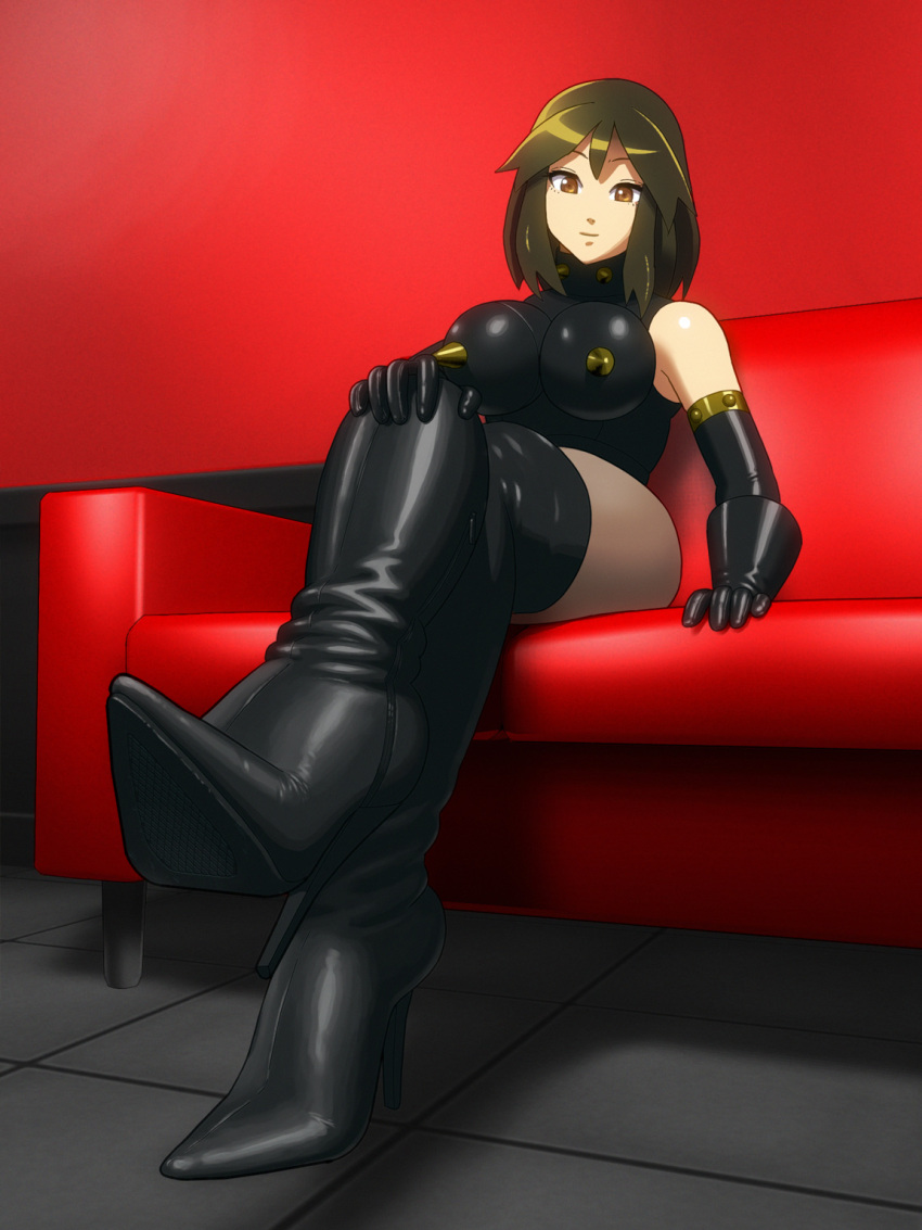 1girls 2d black_bodysuit bodysuit breast_spikes brown_eyes couch dominant_female dominatrix elbow_gloves enkaboots female female_only femdom high_heel_boots high_heels leather minako_(enkaboots) sitting spiked_breasts