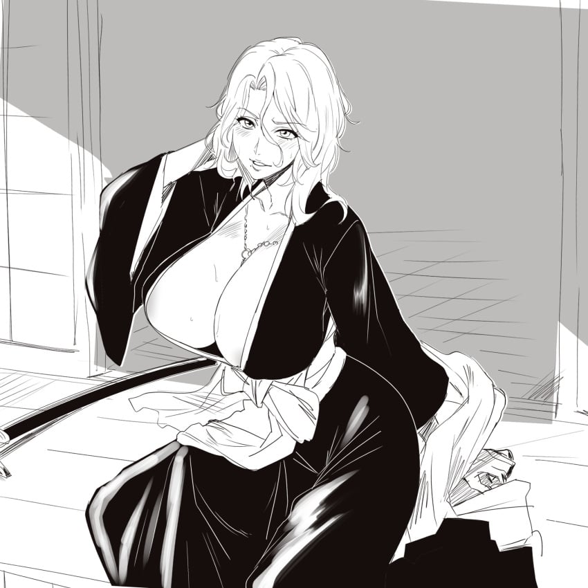 1girls bleach bleach:_the_thousand-year_blood_war breasts busty cleavage female female_only fuooooo greyscale haori highres huge_breasts japanese_clothes jewelry matsumoto_rangiku medium_hair monochrome necklace sitting solo taichou_haori voluptuous wide_sleeves