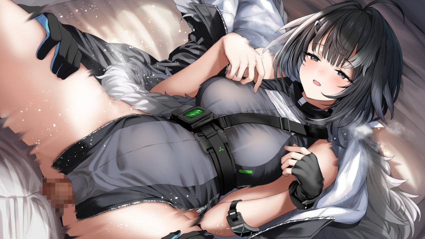 1boy 1girls ahoge arknights bangs black_eyes black_gloves black_hair black_jacket black_shirt blush breasts censored clothed_sex dark-skinned_male dark_skin erection female fingerless_gloves fur-trimmed_jacket fur_trim gloves hands_on_another's_thigh highres jacket jacket_removed la_pluma_(arknights) light-skinned_female light_skin lying medium_breasts mosaic_censoring motion_lines on_back open_mouth penis sex shirt short_hair side_slit single_fingerless_glove single_glove sleeveless sleeveless_shirt thighs tobimura vaginal_penetration