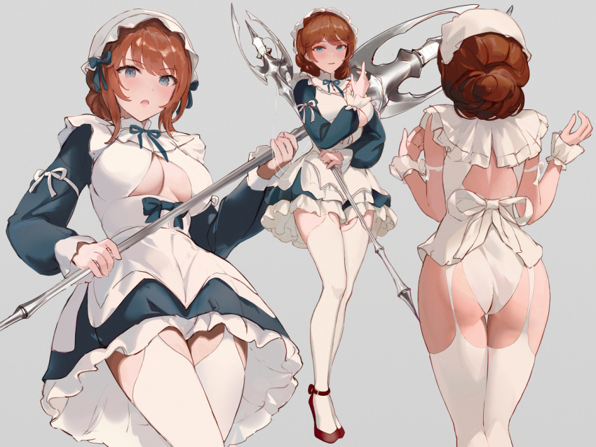 apron arachne_(maid_master) big_breasts blush bra chowbie cleavage cleavage_cutout garter_straps high_heels maid maid_headdress maid_master maid_uniform panties