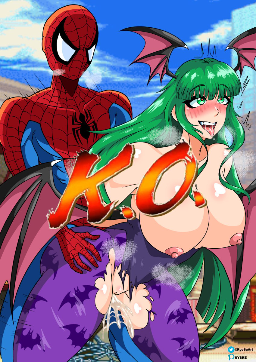 1boy 1boy1girl 1girls athletic athletic_female bat_wings big_ass big_breasts blush bottom_heavy breasts busty capcom cleavage clothed_sex clothing crossover cum curvaceous curvy curvy_figure darkstalkers digital_drawing_(artwork) digital_media_(artwork) eastern_and_western_character eyebrows eyelashes eyes female female_focus fit fit_female green_eyes green_hair hair hero hips hourglass_figure huge_ass huge_breasts human humanoid k.o. large_ass large_breasts legs light-skinned_female light_skin lips long_hair male male/female marvel marvel_comics marvel_vs._capcom mature mature_female morrigan_aensland peter_parker ryosuart ryske sex spider-man spider-man_(series) straight succubus succubus_wings superhero thick thick_legs thick_thighs thighs toned toned_female top_heavy torn_clothes upper_body voluptuous waist wide_hips wings