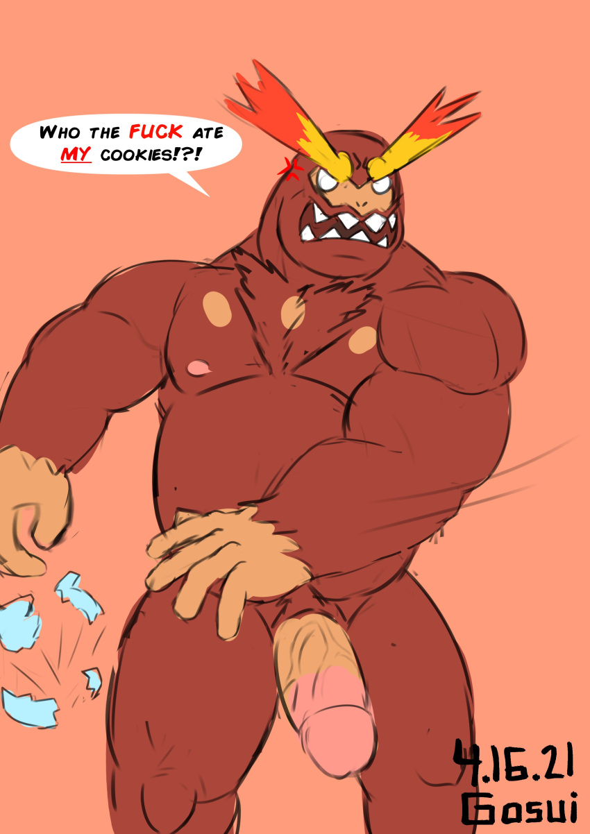 angry angry_face anthro chubby darmanitan english_text erection furry gosui male_only monkey muscular_male penis pokemon pokemon_(species) pokemorph sharp_teeth simple_background tagme thick_penis