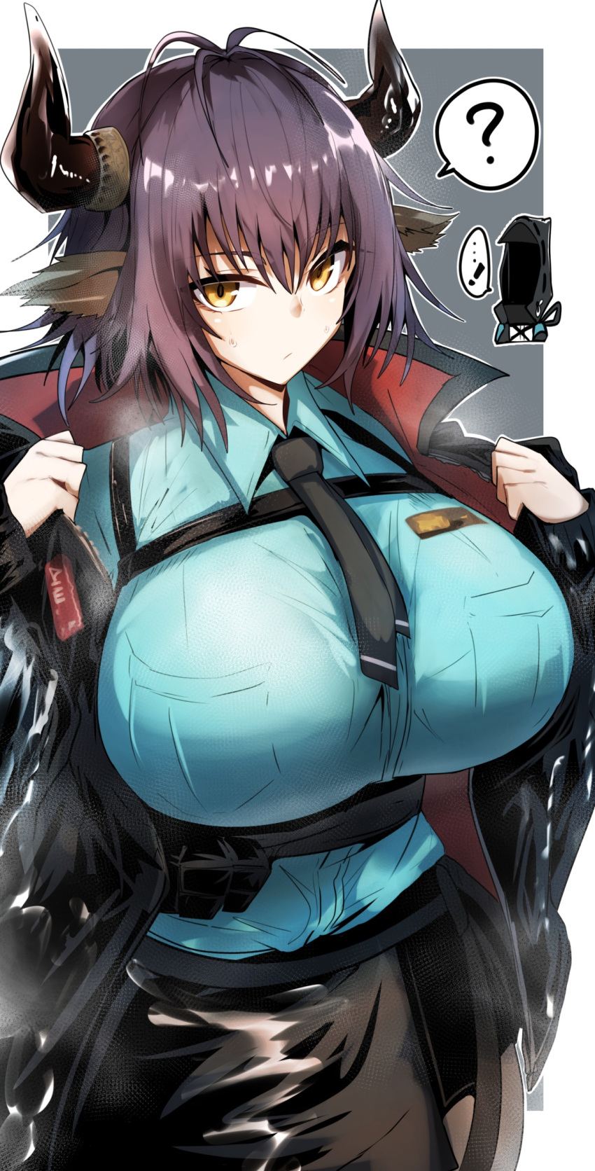 animal_ears arknights big_breasts clothed clothed_female coat doctor gin_moku horns looking_at_viewer question_mark sideroca_(arknights) tagme tie yellow_eyes