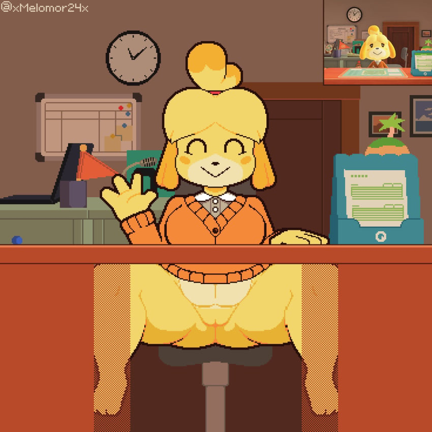 animal_crossing anthro big_breasts bottomless breasts canid canine canis closed_eyes clothed clothing female fur furry furry_only isabelle_(animal_crossing) nintendo office_lady partially_clothed pixel_art pussy shih_tzu solo spread_legs spreading topwear waving waving_at_viewer xmelomor24x