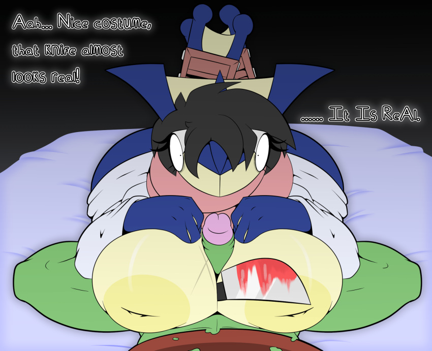 anthro bed black_hair blood bodily_fluids breast_play breasts clothing costume duo female furniture generation_6_pokemon greninja hair halloween hand_on_breast hi_res holidays insane knife male male/female mklancer00 nintendo on_bed paizuri pokemon pokemon_(species) sex titjob