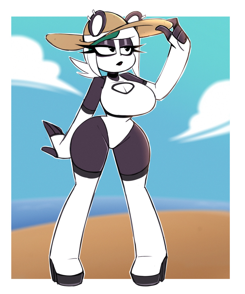 beach female hat nelljoestar original_character panda solo solo_focus swimsuit tagme