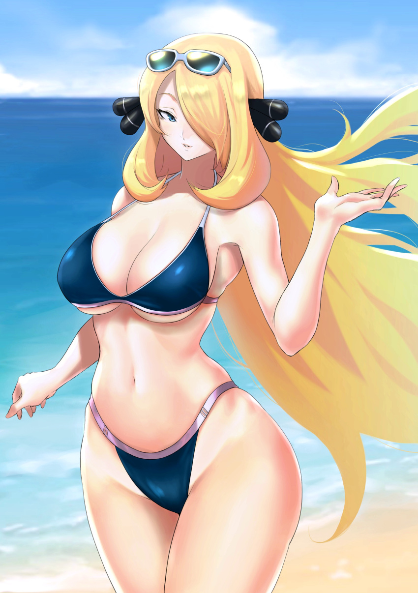 1girls absurd_res anagumasan beach bikini blonde_hair breasts cleavage cynthia_(pokemon) female female_only hi_res large_breasts looking_at_viewer nintendo pokemon solo thighs wide_hips