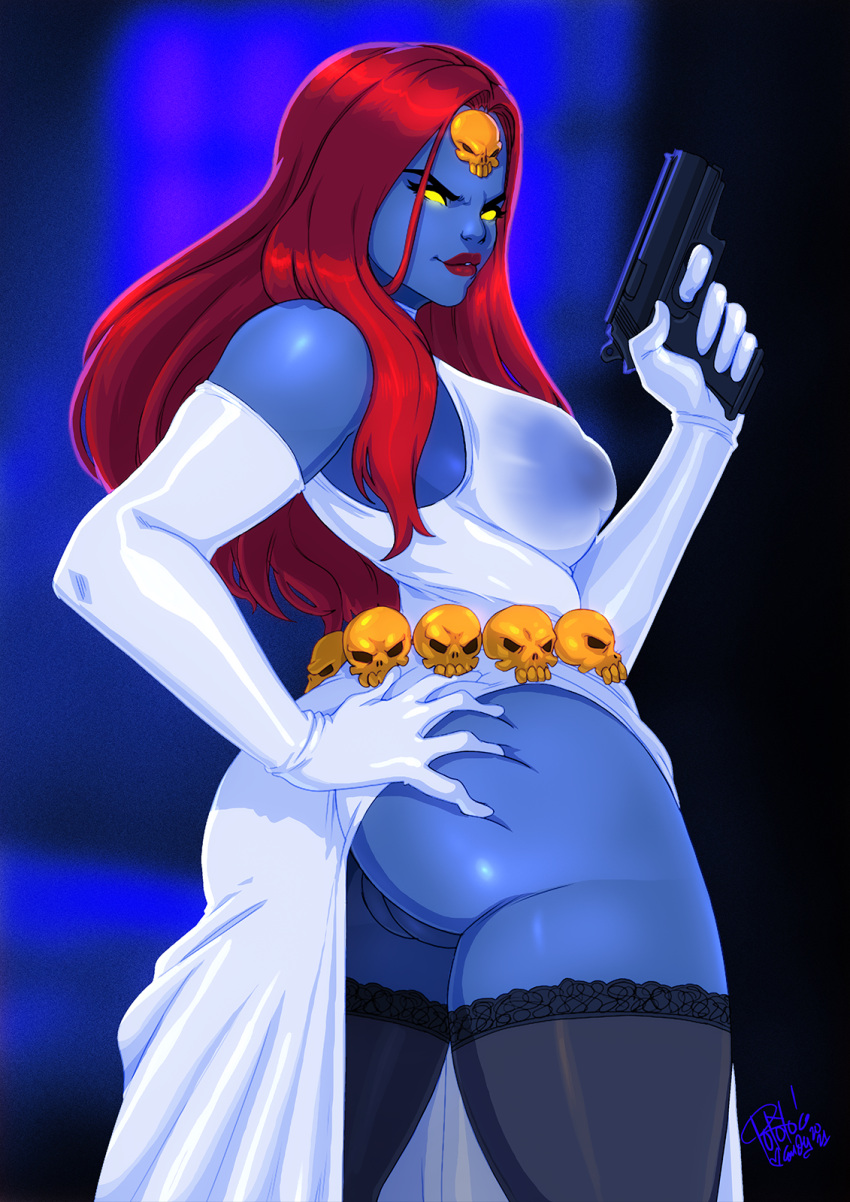 1girls ass big_ass big_breasts blue_skin breasts dat_ass dress female female_focus female_only gloves gun hand_on_ass hand_on_butt lips long_gloves marvel marvel_comics mystique pussy raven_darkholme red_hair skulls solo solo_female solo_focus stockings thick_ass thick_thighs thighs tovio_rogers x-men yellow_eyes