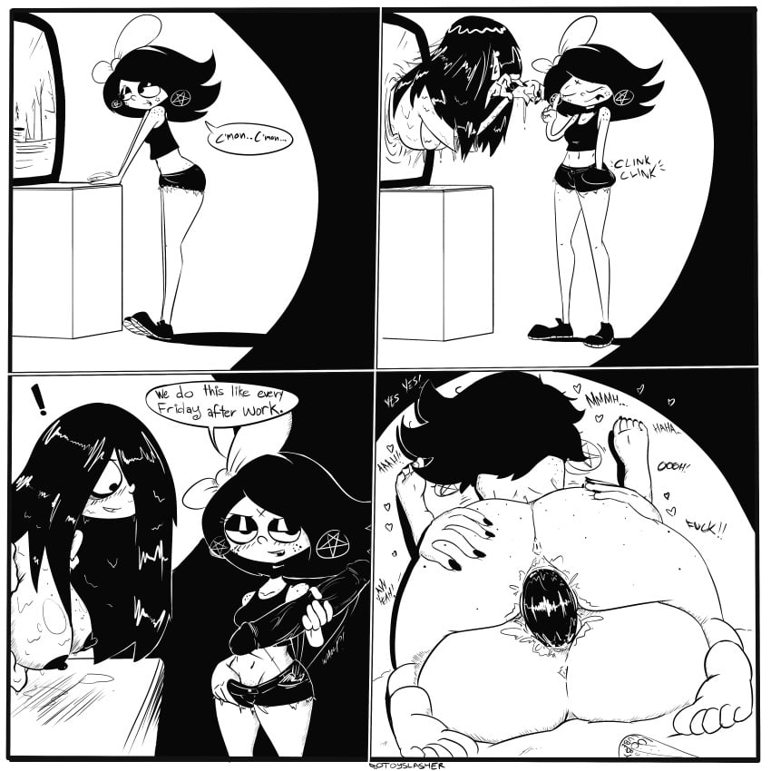 big_breasts black_dildo black_hair booty_shorts breasts comic dialogue dildo dildo_in_pussy double_dildo earrings emo freckles freckles_on_ass freckles_on_face goth homosexual homosexual_female large_breasts lesbian_sex mating_press original original_character panels sharing_dildo slashy tanktop the_ring toyslasher tv wet white_body yamamura_sadako yuri