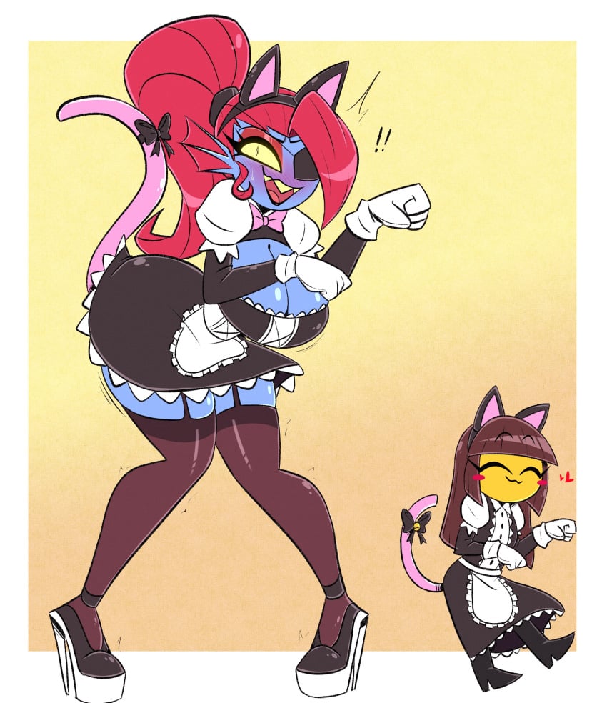 2d :3 adorable ambiguous_gender big_breasts blue_body blush blush_stickers breasts cat_ears cat_tail cleavage clothing color cute eyepatch female frisk human maid maid_uniform nelljoestar nervous nervous_smile open_mouth scalie sharp_teeth skimpy smile tagme thick_thighs thighhighs undertale undertale_(series) undyne wholesome