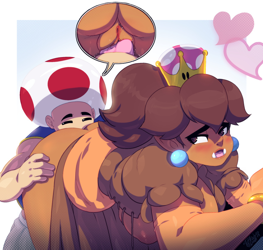 1boy 1girls ass bending_over bent_over blush bottomless bracelet breasts breasts_out cunnilingus dress dress_lift female goomba goombette licking licking_penis looking_back male male/female mario_(series) new_super_mario_bros._u_deluxe nintendo nipples ponytail pussy_juice sharp_teeth super_crown super_mario_bros. thighs toad_(mario) tongue tovio_rogers