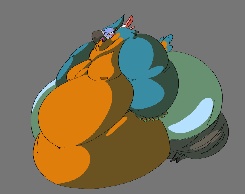 anthro ass avian belly big_belly big_butt blue_body blue_feathers breath_of_the_wild exhibit fanofblimp feathers hi_res huge_belly huge_butt kass_(tloz) kass_(zelda) male moobs morbidly_obese morbidly_obese_anthro morbidly_obese_male nintendo obese obese_anthro obese_male overweight overweight_anthro overweight_male rito solo the_legend_of_zelda