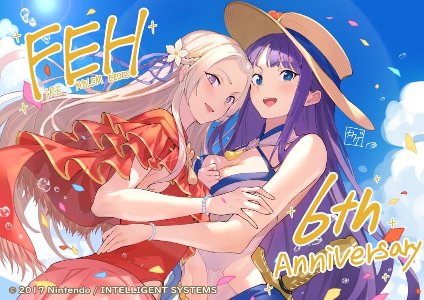 2girls :d alternate_costume altina_(fire_emblem) altina_(summer)_(fire_emblem) bangs better_version_at_source big_breasts blue_eyes bracelet braid breasts cloud day edelgard_von_hresvelg edelgard_von_hresvelg_(summer) female female_only fire_emblem fire_emblem:_radiant_dawn fire_emblem:_three_houses fire_emblem_heroes flower hair_flower hair_ornament hair_ribbon hat jewelry kakage large_breasts lens_flare long_hair looking_at_viewer multiple_girls navel nintendo official_alternate_costume official_art one-piece_swimsuit open_mouth pearl_bracelet purple_hair red_one-piece_swimsuit red_swimsuit ribbon sky smile sun_hat swimsuit sword teeth upper_teeth_only very_long_hair water weapon white_flower white_hair white_one-piece_swimsuit white_swimsuit