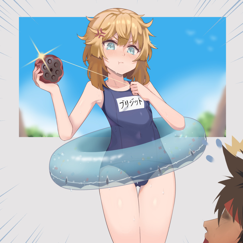 1boy annoyed blonde_hair blue_eyes blue_sky blurry_background blush bridget bulge bulge_through_clothing chrouching clouds cute floaty futanari guilty_gear guilty_gear_strive holding holding_object male messy_hair penis_bulge petite pout pouting pulling shocked sky slim slim_waist sol_badguy string sweat sweatdrop sweating sweaty swimsuit thighs thighs_together thin_waist tree trees yoyo