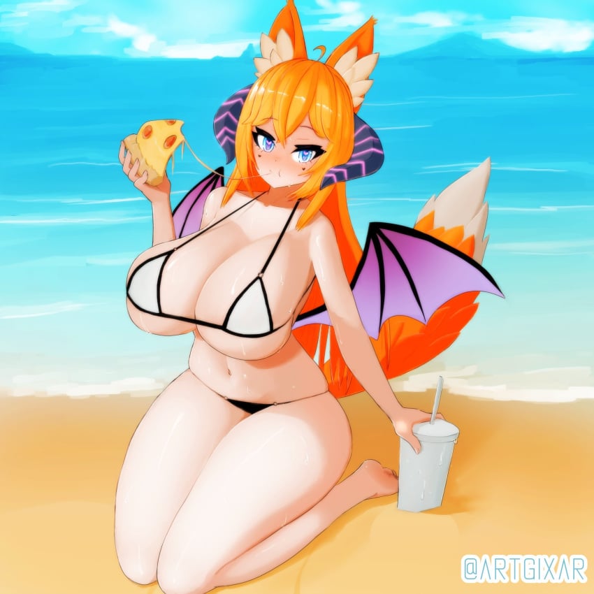 animal_ears beach beach_background bikini bikini_bottom bikini_top blue_eyes breasts cleavage drink eating eating_food fox fox_ears fox_girl fox_tail ginger ginger_hair gixar glubbable heart heart-shaped_pupils horns indie_virtual_youtuber large_breasts light-skinned_female light_skin pizza sitting sitting_on_knees succubus sweat sweatdrop sweating swimsuit underboob virtual_youtuber vrchat wings