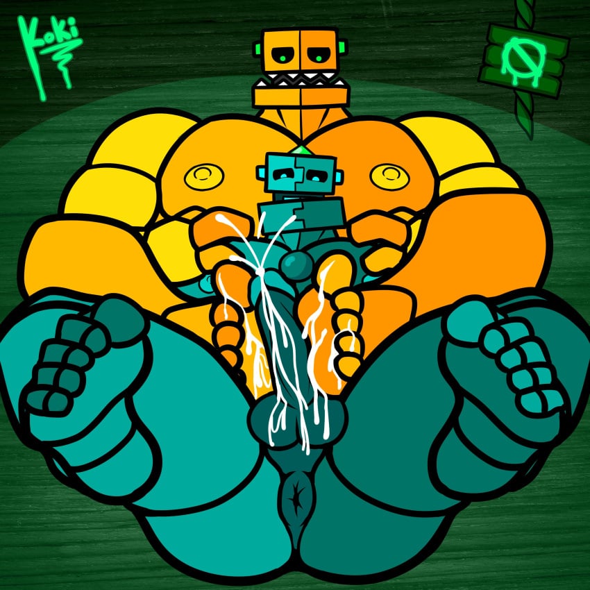 2boys absurd_res anus ass balls bara blue_body blue_eyes bodily_fluids cum cum_on_penis cumshot duo ejaculation feet foot_fetish foot_play footjob gay genital_fluids genitals geometry_dash green_eyes hi_res homosexual humanoid koki_1 machine male male/male muscular muscular_male nipples not_furry orb penis potbor potbor_(geometry_dash) robot robot_humanoid robtop robtopgames scratch scratch_(geometry_dash) sex video_games yellow_body