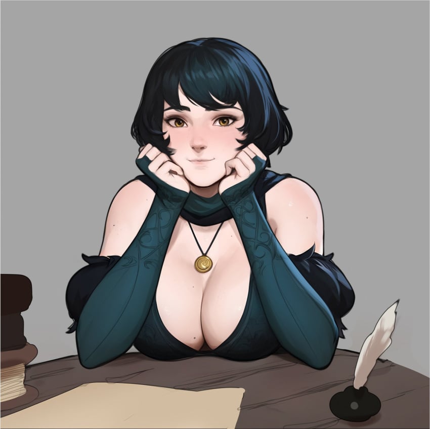 1girl 1girls big_breasts black_hair book cleavage cute dark_hair erin_(tarakanovich) green_hair inkwell light-skinned_female mistveil necklace original quill short_hair smile smiling_at_viewer staring tagme tarakanovich wholesome yellow_eyes