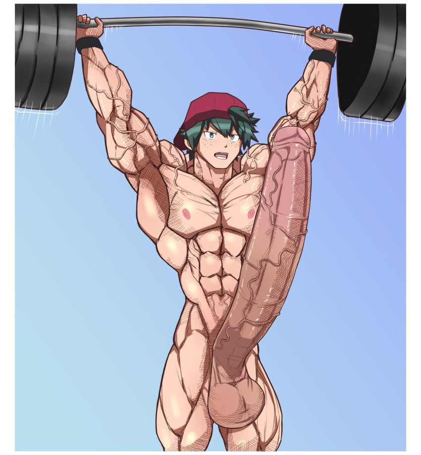 1boy abs armpits arms_up balls big_balls cap erection freckles gay gigantic_penis huge_balls huge_cock hyper_penis long_penis lostanemone male male_only mlm4anemone muscular muscular_male open_mouth testicles veins veiny_penis weightlifting weights yaoi