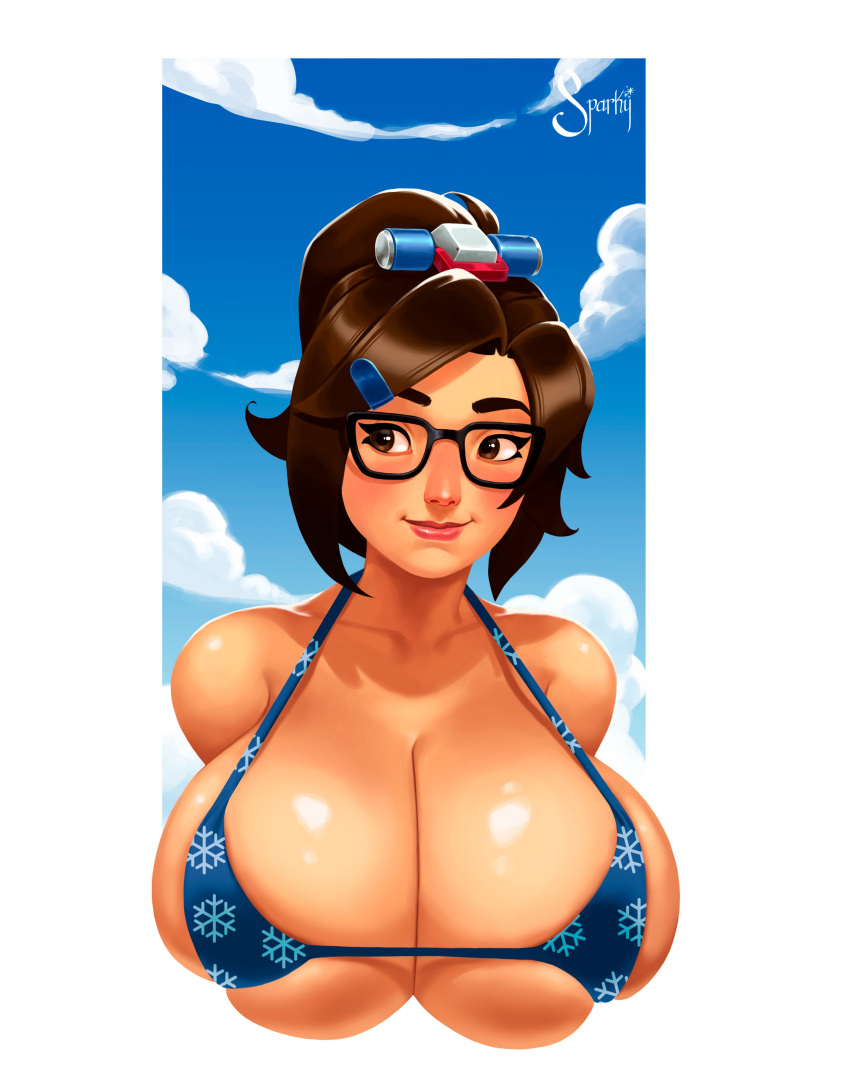 1girls big_breasts bursting_breasts cleavage eyewear female female_only glasses huge_breasts light-skinned_female mei_(overwatch) micro_bikini overflowing_breasts overwatch sideboob solo sparky.girlsart