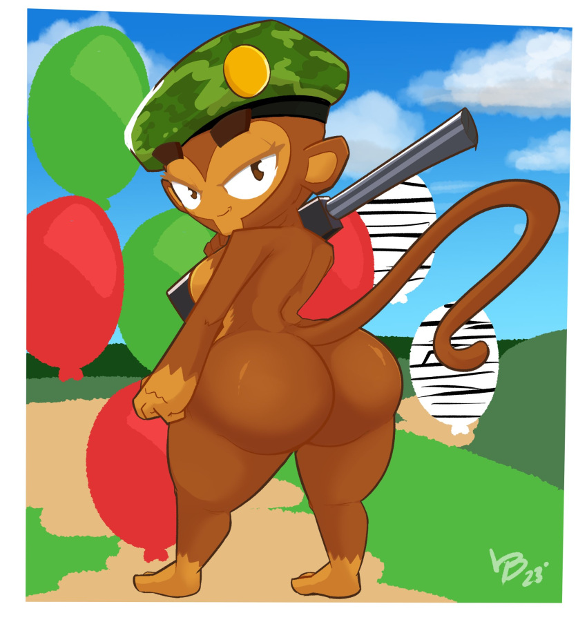 anthro ass balloon beret big_ass bloons_tower_defense btd61girls bubble_butt bunslewd female female_only hat looking_at_viewer looking_back monkey monkey_girl nude nude_female primate rifle sniper_monkey solo thick_thighs wide_hips