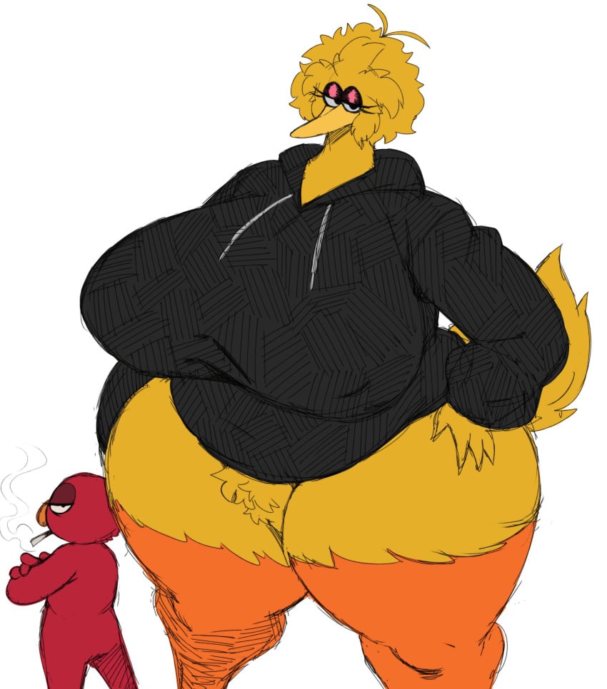 1boy 1girls anthro arms_crossed avian big_bird big_breasts bottomless breasts busty cigarette elmo female hand_on_hip hoodie huge_breasts jacket larger_female looking_at_viewer looking_back male massive_breasts rule_63 sesame_street size_difference smaller_male smoking sssonic2 thick_thighs thunder_thighs wide_hips