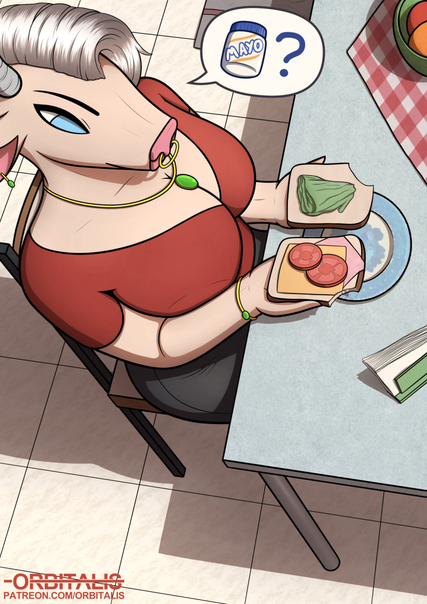 anthro apple big_breasts black_bottomwear black_clothing black_skirt blue_eyes bottomwear bovid bovine bracelet breasts cattle chair cheese clothed clothing dairy_products ear_piercing emerald_(gem) eyebrows facial_piercing female floor food fruit furniture gem grey_horn hair ham hi_res high-angle_view holding_food holding_object horn jewelry lettuce mammal mat mature_anthro mature_female mayonnaise meat napkin necklace nose_piercing nose_ring orange_(fruit) orbitalis piercing pink_nose plant plate pork question_mark red_clothing red_shirt red_topwear ring_piercing sandwich_(food) shirt sitting skirt solo speech_bubble table text tight_clothing tight_shirt tight_topwear tile tile_floor tomato topwear url vegetable white_hair