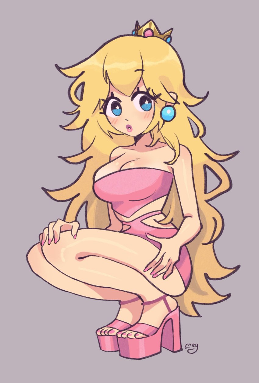 1girls 2020s 2022 artist_signature big_breasts blonde_hair blue_eyes blush breasts crown earrings female female_only grey_background heels long_hair looking_at_viewer mario_(series) megrocks nail_polish nintendo pink_nails princess_peach simple_background solo