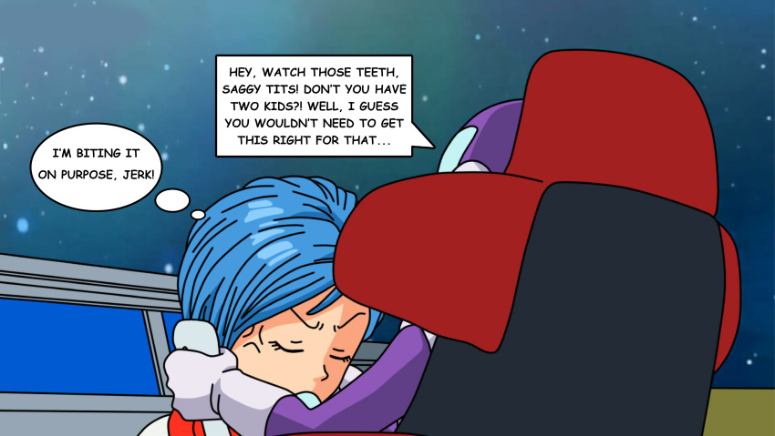 anger_vein blue_hair bulma_briefs cheating_wife closed_eyes dragon_ball dragon_ball_super english_text fellatio frown interspecies jaco jaco_the_galactic_patrolman mature_female milf setthh98 speech_bubble uncensored