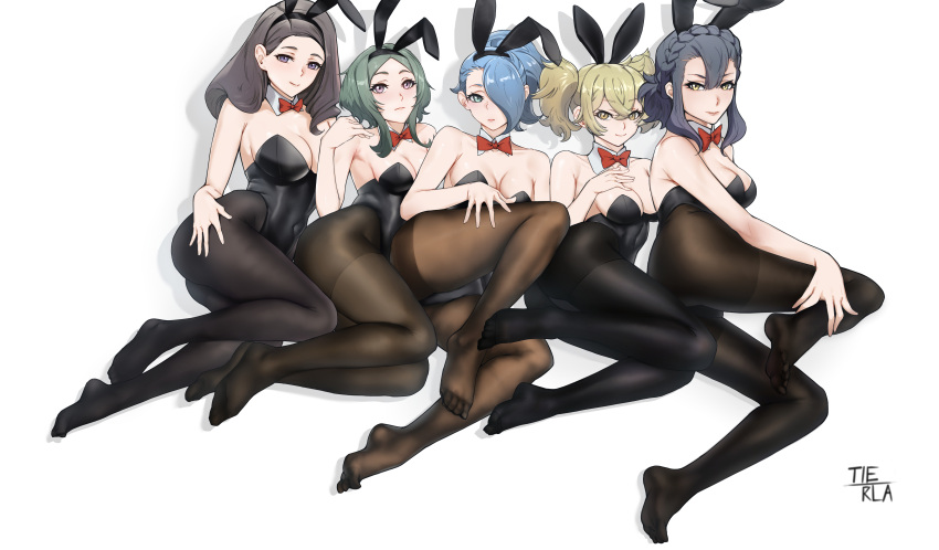 2023 5girls absurdres animal_ears bare_shoulders black_leotard black_pantyhose bow bowtie bunny_ears bunnysuit fake_animal_ears feet female female_only gundam gundam_suisei_no_majo henao_jazz highleg highleg_leotard highres ireesha_plano legs leotard looking_at_viewer maisie_may multiple_girls no_shoes pantyhose playboy_bunny renee_costa sabina_fardin side-tie_leotard strapless strapless_leotard tierla toes white_background wrist_cuffs