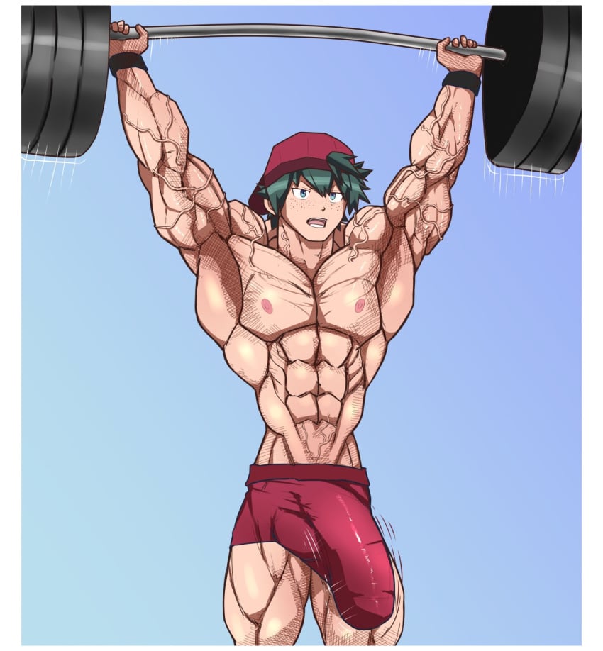 1boy abs armpits arms_up bulge cap freckles huge_bulge huge_cock lostanemone male male_only mlm4anemone muscular muscular_armpits muscular_male open_mouth shorts veins weightlifting weights