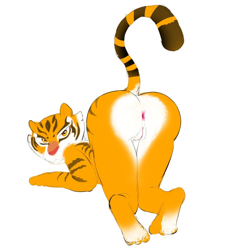 anthro anus ass ass_up big_butt brown_body brown_fur brown_stripes dreamworks felid female fur genitals hi_res kung_fu_panda looking_at_viewer looking_back looking_back_at_viewer mammal master_tigress nude orange_body orange_eyes orange_fur pantherine pussy rear_view simple_background solo stripes thegrossmind thick_thighs tiger white_background white_body white_fur wide_hips