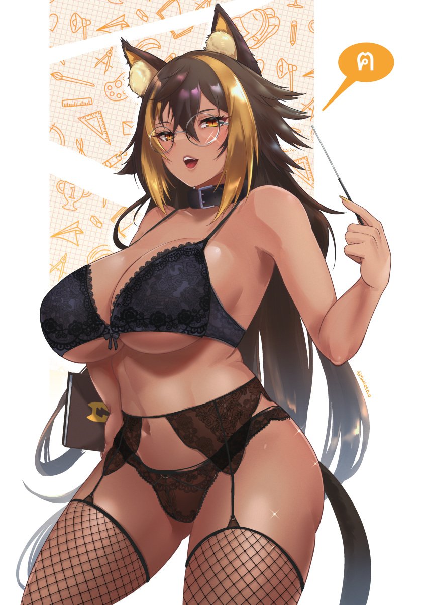 1girls animal_ears belly_button black_bra blonde_hair book bra brown_hair cat_ears cat_tail catgirl dark-skinned_female dark_skin female female_focus female_only fishnets glasses indie_virtual_youtuber lingerie nekoyo_chloe round_glasses solo tail teacher tinnies two_tone_hair virtual_youtuber