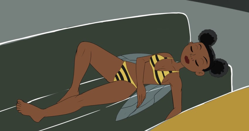 18titans 1girls bumblebee_(dc) bumblebee_color_panties couch curly_hair dark-skinned_female dark_skin dc fairy female female_focus female_only karen_beecher medium_breasts non-nude round_ears simple_background simple_coloring simple_shading sleeping solo solo_female solo_focus tagme teen_titans thick_thighs wide_hips wings