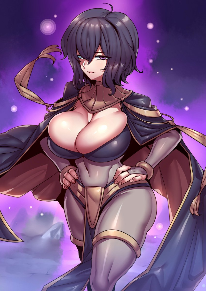 1girls abs absurdres aged_up alternate_body_type alternate_breast_size alternate_costume big_breasts black_hair bodystocking bracelet breasts bridal_gauntlets cape cleavage coat commission cosplay covered_navel female female_only fire_emblem fire_emblem_awakening hands_on_hips highres jewelry large_breasts looking_at_viewer mature_female morgan_(fire_emblem) morgan_(fire_emblem)_(female) nintendo open_mouth purple_eyes short_hair skeb_commission solo standing tharja_(fire_emblem) tharja_(fire_emblem)_(cosplay) tsuki_wani tukiwani wide_hips