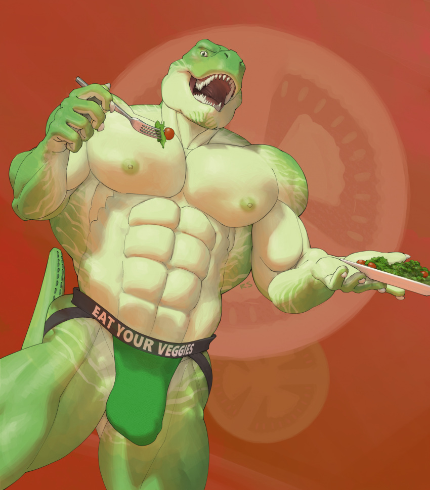 abs anthro biceps big_latissimus_dorsi big_pecs bulge clothed clothing cutlery dinosaur flaccid food fork fruit genital_outline green_body green_scales grin hi_res holding_fork holding_plate jockstrap kitchen_utensils latissimus_dorsi lettuce looking_at_viewer male male_only multicolored_body multicolored_scales nipples obliques open_mouth pecs penis_outline plant plate raised_tail reptile ripped-saurian scales scalie simple_background smile solo tail tan_body tan_scales teeth theropod tomato tools two_tone_body two_tone_scales tyrannosaurid tyrannosaurus tyrannosaurus_rex underwear underwear_only vegetable