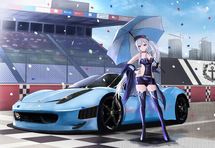 1girls azur_lane breasts car choker crowd eagle_union_(azur_lane) enterprise_(azur_lane) enterprise_(wind_catcher)_(azur_lane) ferrari ferrari_458_italia fingerless_gloves finish_line gloves ground_vehicle hand_on_hip hat holding_umbrella jacket jacket_partially_removed kcar66t leotard leotard_under_clothes light-skinned_female light_skin looking_at_viewer medium_breasts motor_vehicle ponytail purple_eyes purple_leotard purple_shorts race_car race_queen race_track shorts strapless_leotard thighhigh_boots umbrella white_hair