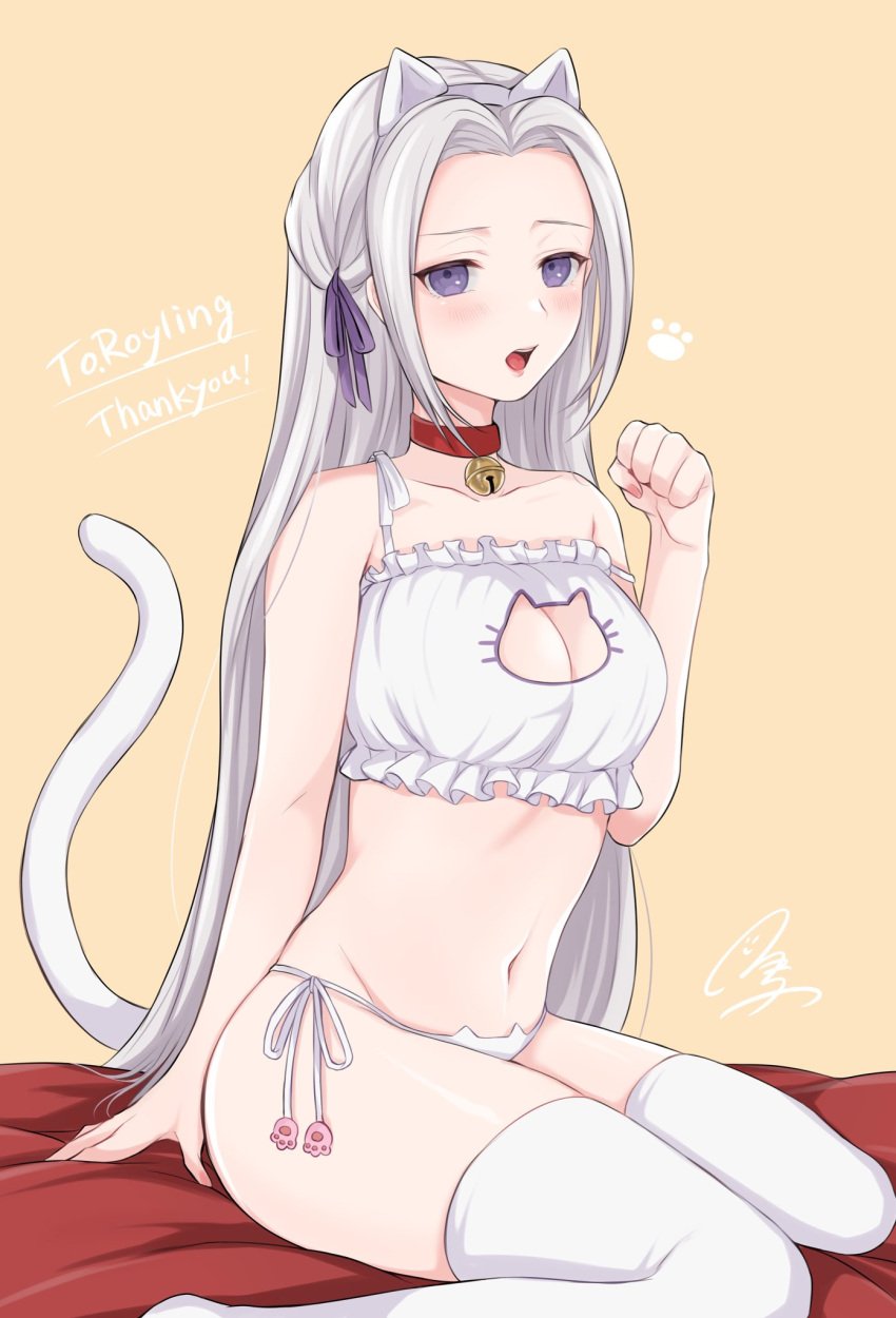 1girls animal_ear_legwear animal_ears bed bell bell_choker bra breasts cat_cutout cat_ear_legwear cat_ear_panties cat_ears cat_keyhole_bra cat_keyhole_lingerie cat_lingerie cat_tail choker cleavage_cutout clothing_cutout commission edelgard_von_hresvelg fake_animal_ears fake_tail fire_emblem fire_emblem:_three_houses frilled_bra frills highres lingerie long_hair looking_at_viewer medium_breasts meme_attire midriff navel neck_bell nintendo on_bed panties paw_pose paw_print purple_eyes shimizu_akina side-tie_panties simple_background skeb_commission solo thighhighs underwear underwear_only white_bra white_hair white_lingerie white_panties