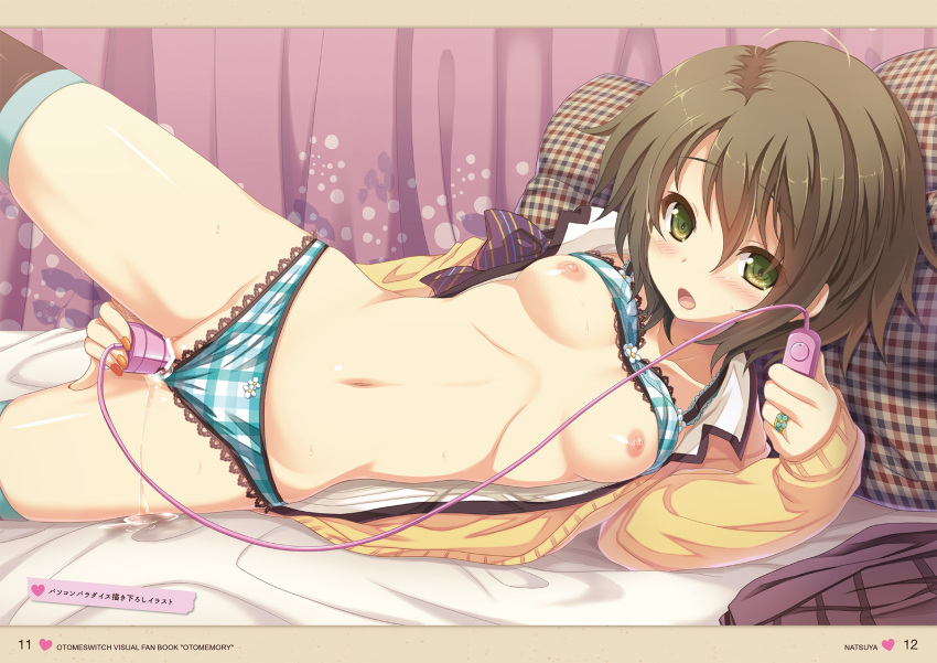 1girls blue_bra blue_panties bra bra_lift breasts brown_hair cardigan censored couch dildo dildo_in_pussy female green_eyes kouguchi_moto laying_on_couch looking_at_viewer masturbation medium_breasts midriff navel nipples open_cardigan painted_fingernails panties panties_aside pillow pink_dildo pink_vibrator plaid_bra plaid_panties plaid_pillow remote_control_vibrator ring school_uniform sex_toy short_hair skirt skirt_removed sweating thighhighs vibrator vibrator_controller vibrator_cord vibrator_dildo vibrator_in_pussy yellow_cardigan