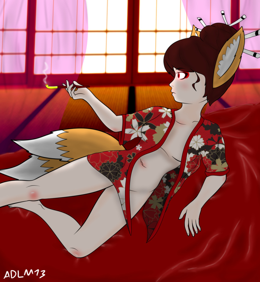 adlm13 brown_hair courtesan female fox fox_ears hair_ornament kimono kitsune multiple_tails oiran pipe solo_female