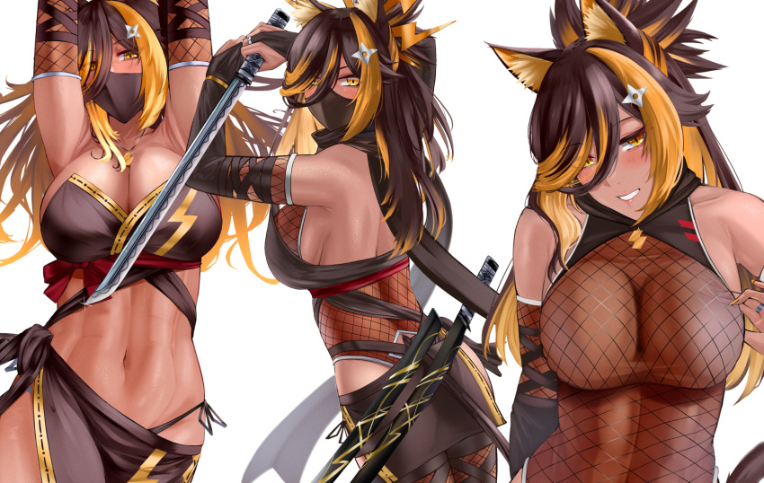 1girls animal_ears belly_button blade blonde_hair blush brown_hair cat_ears cliov dark-skinned_female dark_skin female female_only fishnets indie_virtual_youtuber katana nekoyo_chloe ninja ninja_mask shuriken_hair_ornament sideboob solo sword two_tone_hair virtual_youtuber weapon yellow_eyes